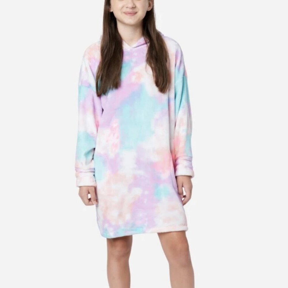 Justice Girls Sleepover Tie Dye Hooded Long Sleeve Oversized Sleep Shirt Sz L/XL
